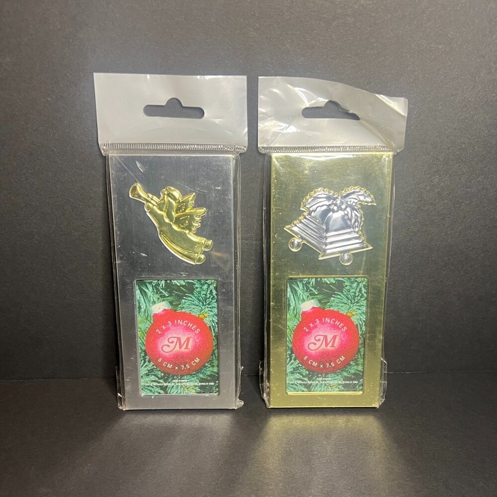 Set of 2 Michaels Gold & Silver Christmas Bells & Holly and Angel Picture Frames